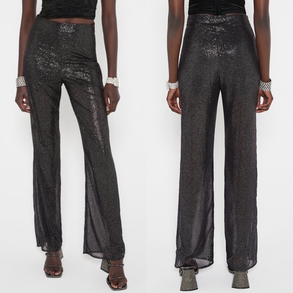 Zara GLITTER TEXTURED TROUSERS LIMITED EDITION SHEER PANTS BLACK/Silver XS BN